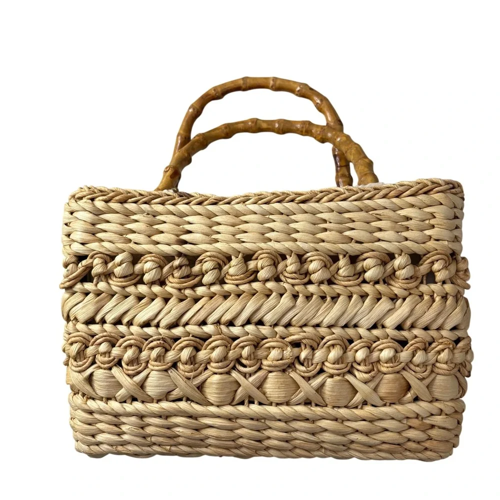 Cappelli Straworld Woven Straw Handbag Bamboo Handle Palm Tree Lining Tan Boho